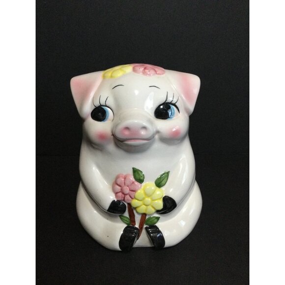 Vintage Happy Pig Piggy Bank Sitting White Yellow Pink Floral Bouquet Figurine